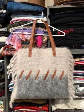 Mohair Two-Tone Gray & Cream Tote Bag with Brown Handles